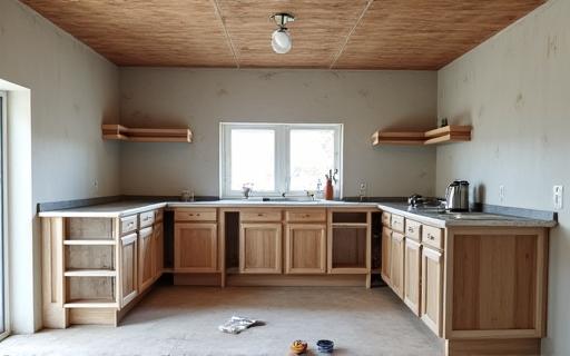 A kitchen mid-renovation, showing the transformation process.
